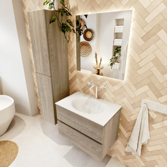 MONDIAZ VICA 70cm mueble de baño Light Brown Grey 2 cajones. Lavabo MOON Centro 1 orificio color Talc con espejo LED.