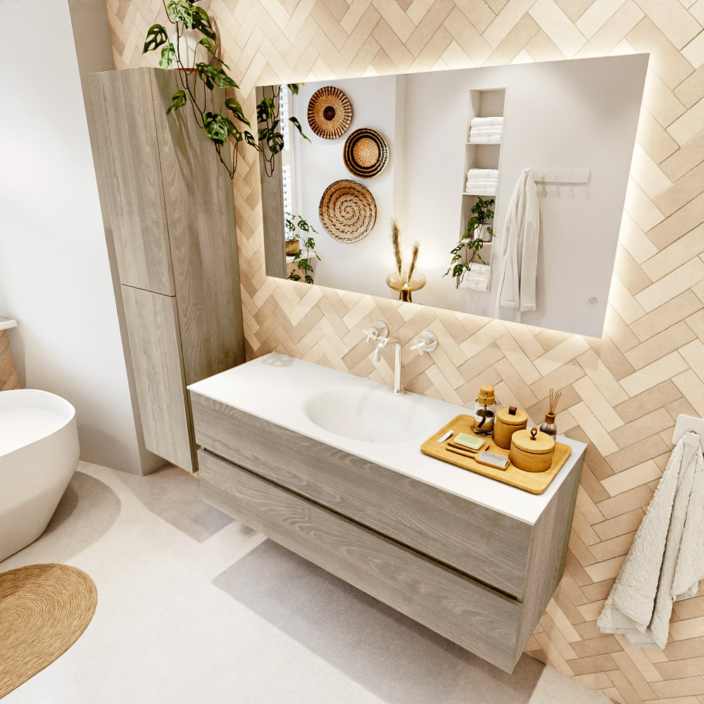 MONDIAZ VICA 130cm mueble de baño Light Brown Grey 2 cajones. Lavabo MOON Centro 1 orificio color Talc con espejo LED. 1 MONDIAZ VICA 130cm mueble de baño Light Brown Grey 2 cajones. Lavabo MOON Centro 1 orificio color Talc con espejo LED.
