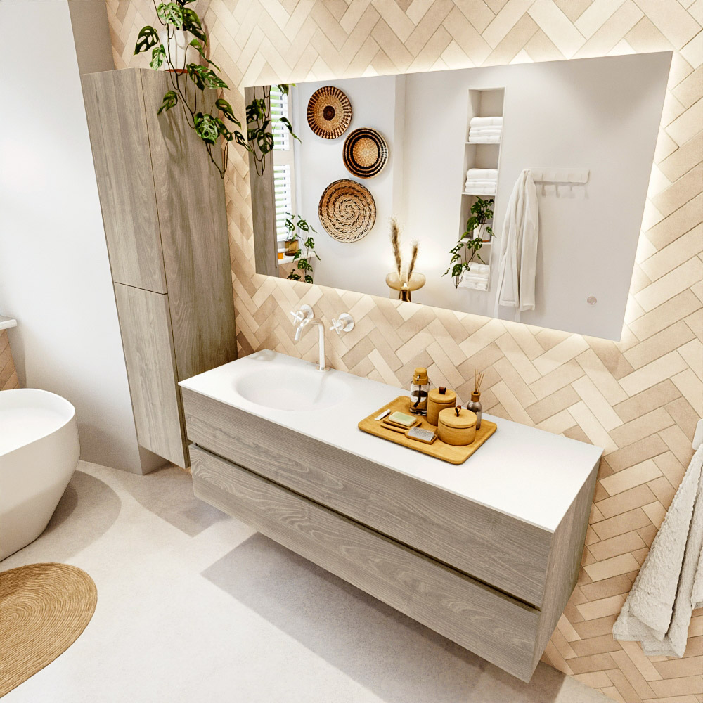 MONDIAZ VICA 140cm mueble de baño Light Brown Grey 2 cajones. Lavabo MOON Izquierda 1 orificio color Talc con espejo LED. 1 MONDIAZ VICA 140cm mueble de baño Light Brown Grey 2 cajones. Lavabo MOON Izquierda 1 orificio color Talc con espejo LED.