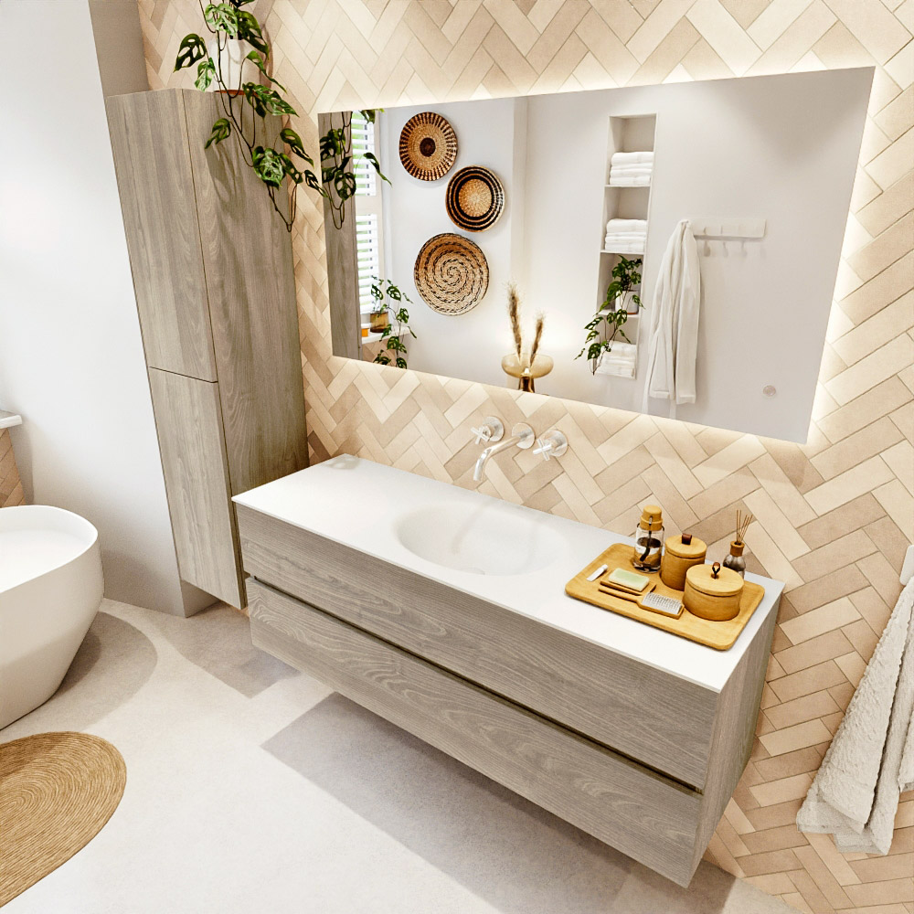 MONDIAZ VICA 140cm mueble de baño Light Brown Grey 2 cajones. Lavabo MOON Centro sin orificio color Talc con espejo LED. 1 MONDIAZ VICA 140cm mueble de baño Light Brown Grey 2 cajones. Lavabo MOON Centro sin orificio color Talc con espejo LED.