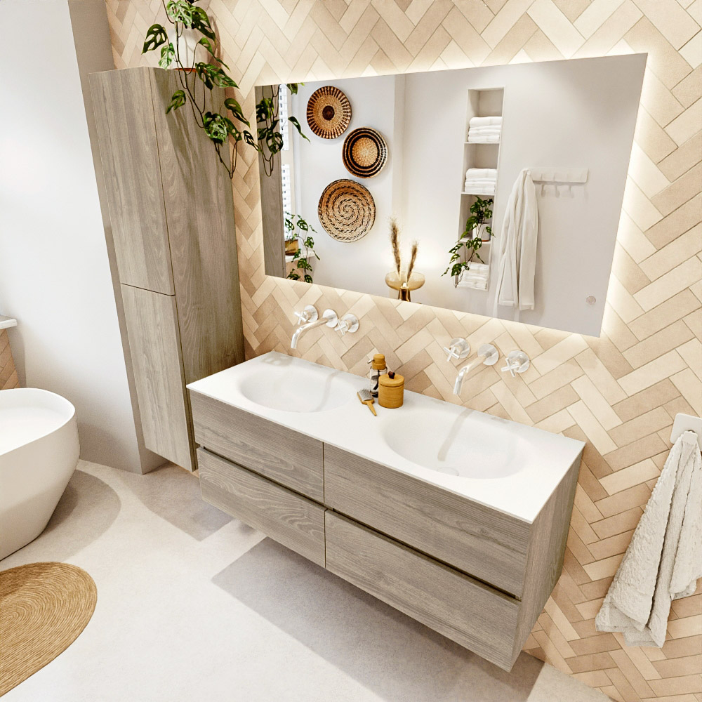 MONDIAZ VICA 130cm mueble de baño Light Brown Grey 4 cajones. Lavabo MOON Doble sin orificio color Talc con espejo LED. 1 MONDIAZ VICA 130cm mueble de baño Light Brown Grey 4 cajones. Lavabo MOON Doble sin orificio color Talc con espejo LED.