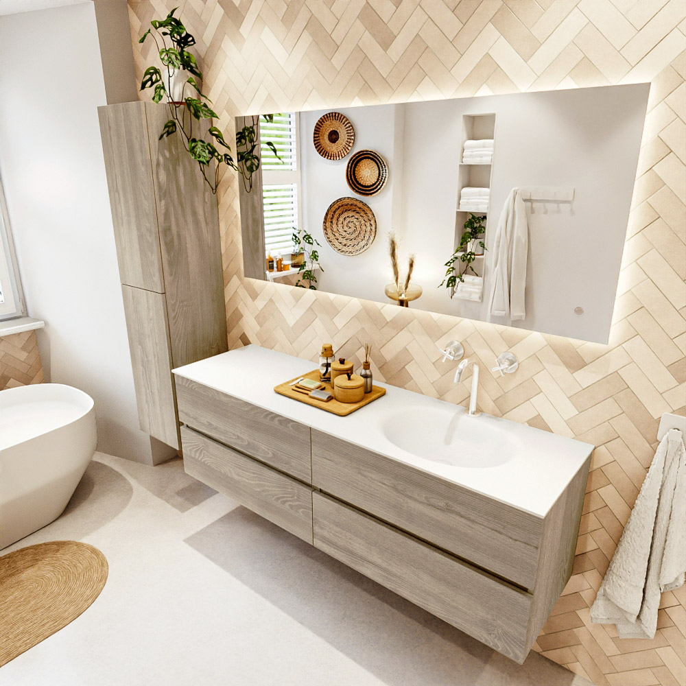 MONDIAZ VICA 160cm mueble de baño Light Brown Grey 4 cajones. Lavabo MOON Derecho 1 orificio color Talc con espejo LED. 1 MONDIAZ VICA 160cm mueble de baño Light Brown Grey 4 cajones. Lavabo MOON Derecho 1 orificio color Talc con espejo LED.