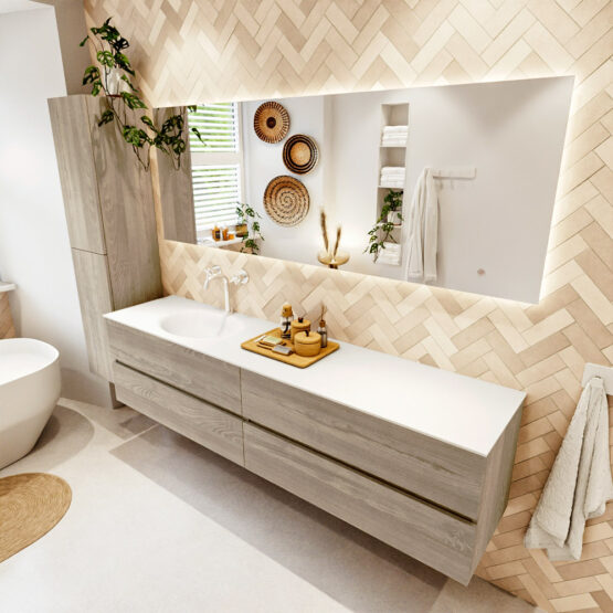 MONDIAZ VICA 200cm mueble de baño Light Brown Grey 4 cajones. Lavabo MOON Izquierda 1 orificio color Talc con espejo LED.