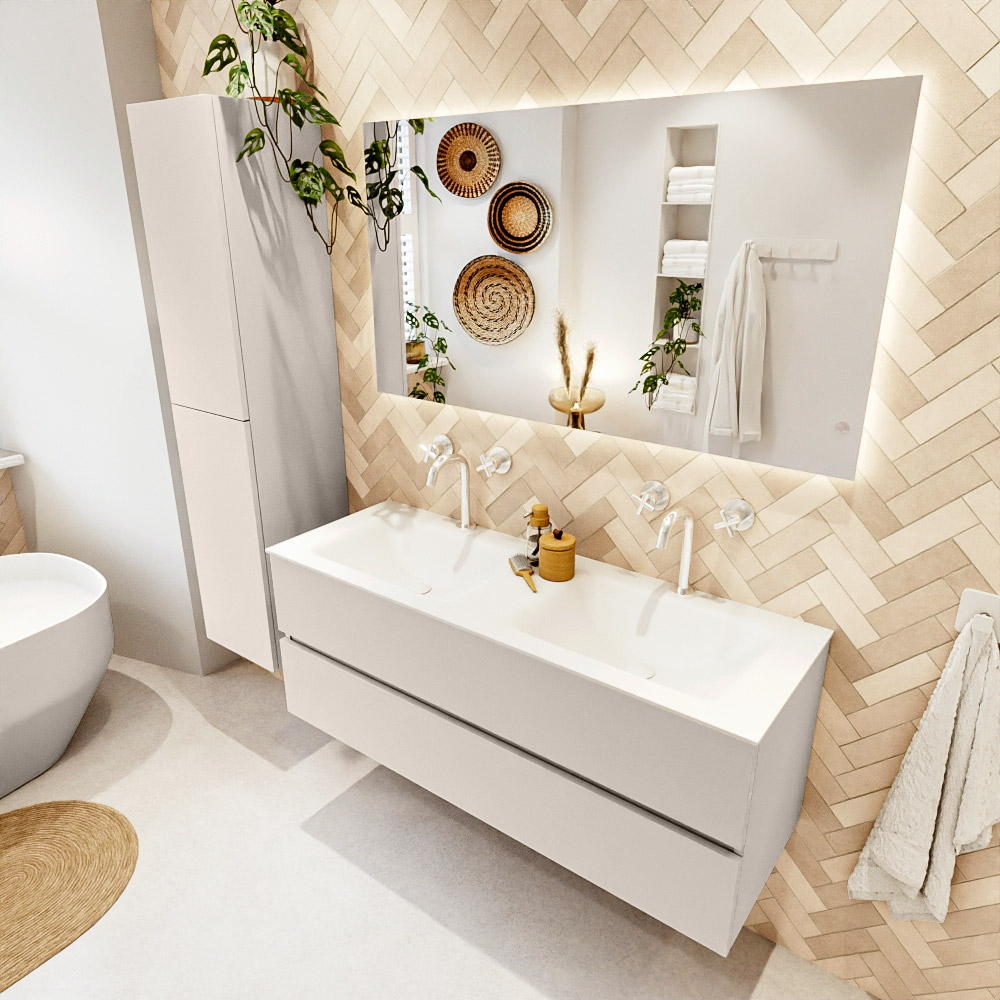 MONDIAZ VICA 130cm mueble de baño Linen 2 cajones. Lavabo CLOUD Doble 2 orificios color Talc con espejo LED. 1 MONDIAZ VICA 130cm mueble de baño Linen 2 cajones. Lavabo CLOUD Doble 2 orificios color Talc con espejo LED.