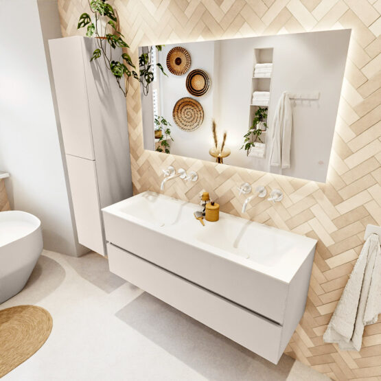 MONDIAZ VICA 130cm mueble de baño Linen 2 cajones. Lavabo CLOUD Doble sin orificio color Talc con espejo LED.