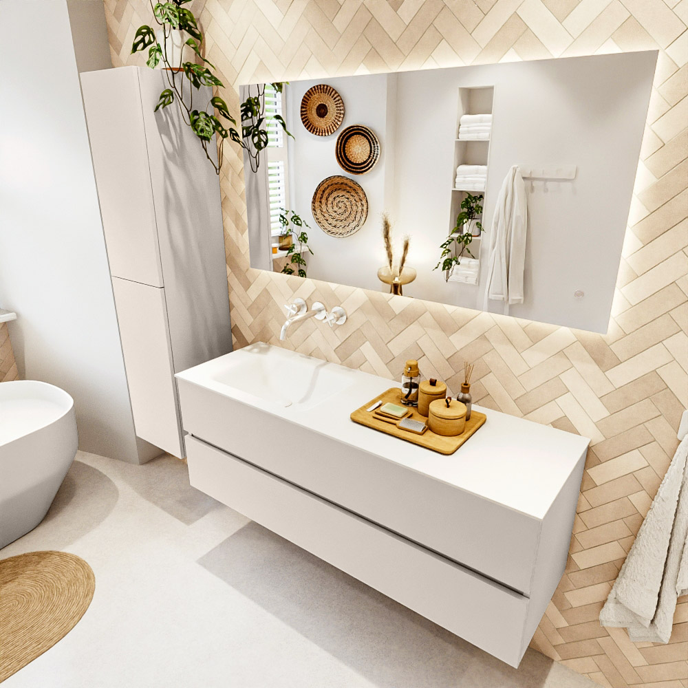 MONDIAZ VICA 140cm mueble de baño Linen 2 cajones. Lavabo CLOUD Izquierda sin orificio color Talc con espejo LED. 1 MONDIAZ VICA 140cm mueble de baño Linen 2 cajones. Lavabo CLOUD Izquierda sin orificio color Talc con espejo LED.