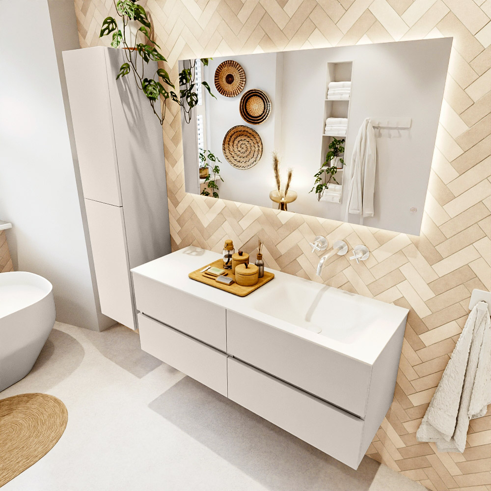 MONDIAZ VICA 130cm mueble de baño Linen 4 cajones. Lavabo CLOUD Derecho sin orificio color Talc con espejo LED. 1 MONDIAZ VICA 130cm mueble de baño Linen 4 cajones. Lavabo CLOUD Derecho sin orificio color Talc con espejo LED.