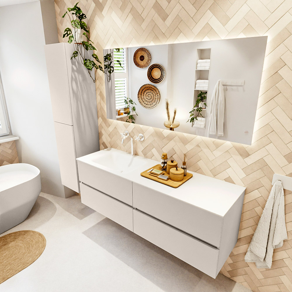 MONDIAZ VICA 150cm mueble de baño Linen 4 cajones. Lavabo CLOUD Izquierda 1 orificio color Talc con espejo LED. 1 MONDIAZ VICA 150cm mueble de baño Linen 4 cajones. Lavabo CLOUD Izquierda 1 orificio color Talc con espejo LED.