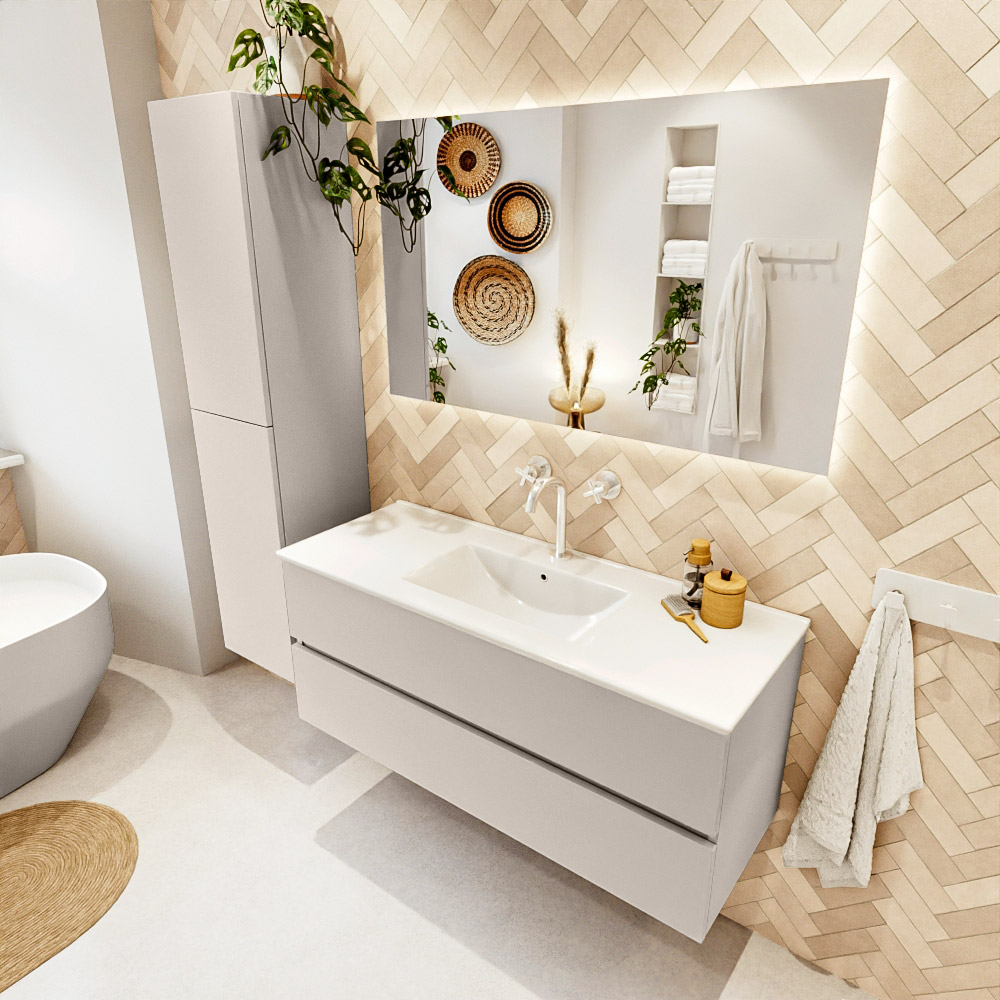 MONDIAZ VICA 120cm mueble de baño Linen 2 cajones. Lavabo DENIA Centro 1 orificio color Blanco brillo con espejo LED. 1 MONDIAZ VICA 120cm mueble de baño Linen 2 cajones. Lavabo DENIA Centro 1 orificio color Blanco brillo con espejo LED.