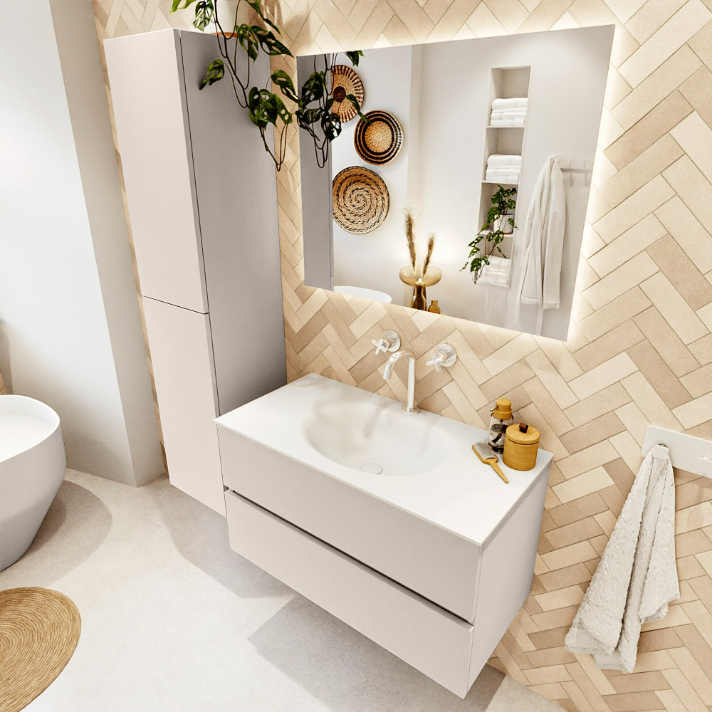 MONDIAZ VICA 90cm mueble de baño Linen 2 cajones. Lavabo MOON Centro 1 orificio color Talc con espejo LED. 1 MONDIAZ VICA 90cm mueble de baño Linen 2 cajones. Lavabo MOON Centro 1 orificio color Talc con espejo LED.