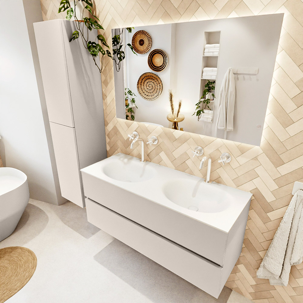 MONDIAZ VICA 120cm mueble de baño Linen 2 cajones. Lavabo MOON Doble 2 orificios color Talc con espejo LED. 1 MONDIAZ VICA 120cm mueble de baño Linen 2 cajones. Lavabo MOON Doble 2 orificios color Talc con espejo LED.