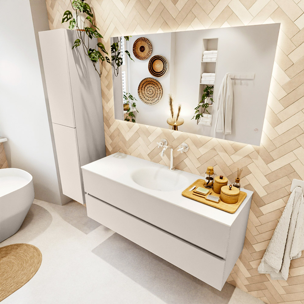 MONDIAZ VICA 130cm mueble de baño Linen 2 cajones. Lavabo MOON Centro 1 orificio color Talc con espejo LED. 1 MONDIAZ VICA 130cm mueble de baño Linen 2 cajones. Lavabo MOON Centro 1 orificio color Talc con espejo LED.