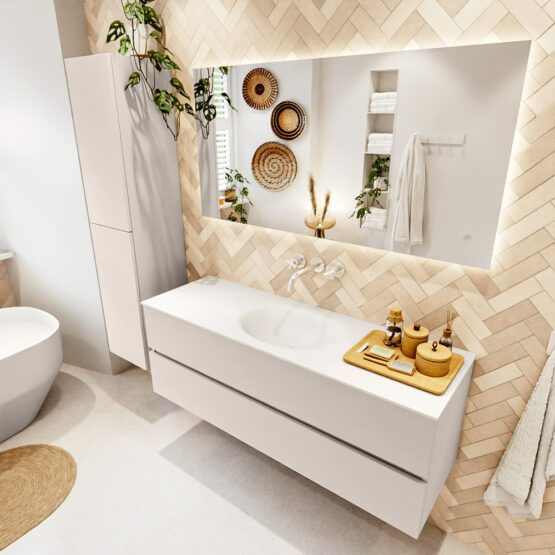 MONDIAZ VICA 140cm mueble de baño Linen 2 cajones. Lavabo MOON Centro sin orificio color Talc con espejo LED.