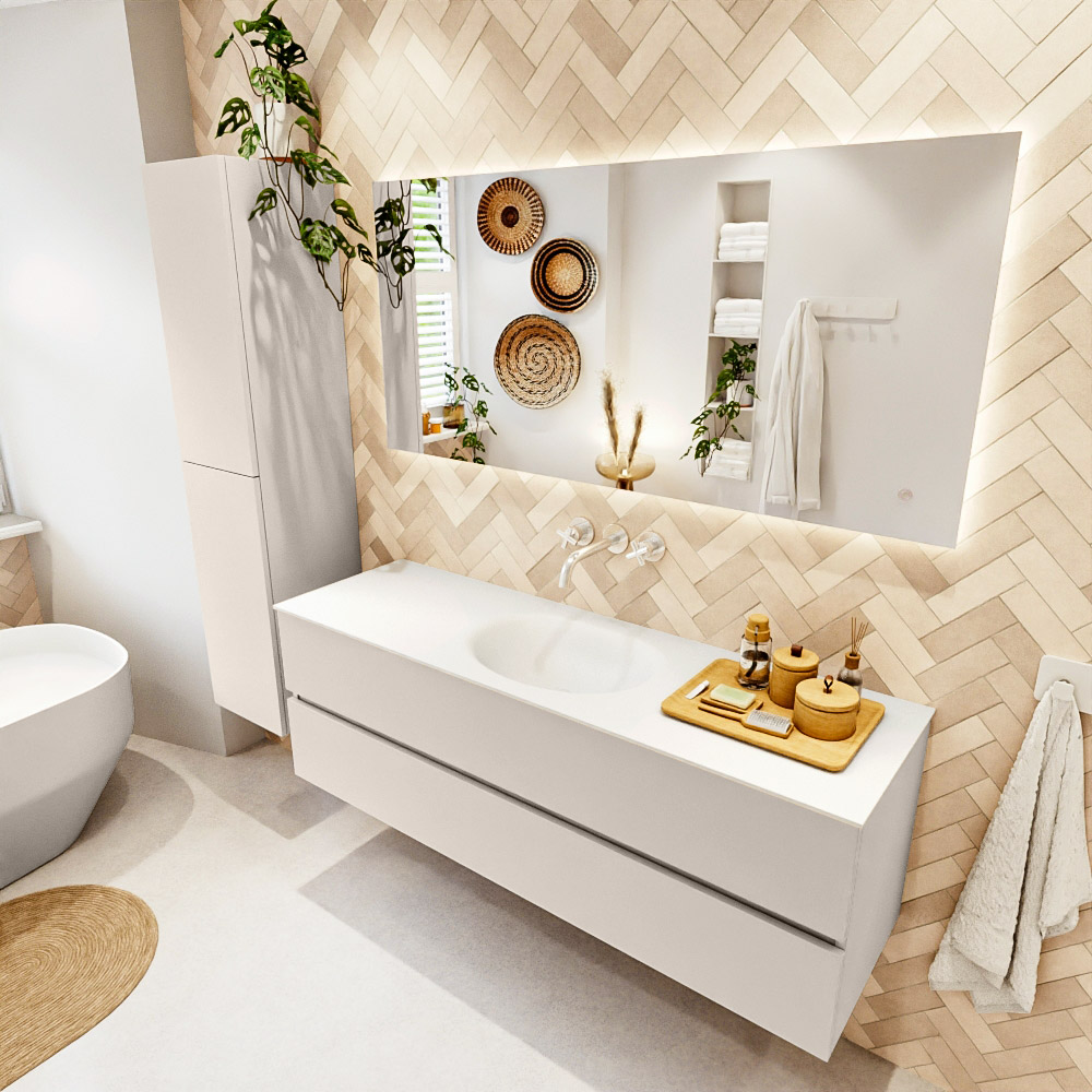 MONDIAZ VICA 150cm mueble de baño Linen 2 cajones. Lavabo MOON Centro sin orificio color Talc con espejo LED. 1 MONDIAZ VICA 150cm mueble de baño Linen 2 cajones. Lavabo MOON Centro sin orificio color Talc con espejo LED.