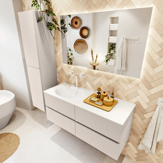 MONDIAZ VICA 120cm mueble de baño Linen 4 cajones. Lavabo MOON Izquierda 1 orificio color Talc con espejo LED.