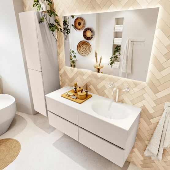 MONDIAZ VICA 120cm mueble de baño Linen 4 cajones. Lavabo MOON Derecho 1 orificio color Talc con espejo LED.