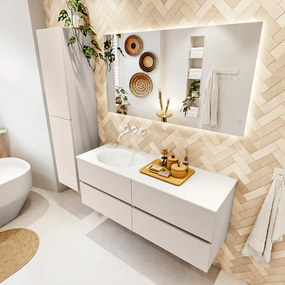 MONDIAZ VICA 130cm mueble de baño Linen 4 cajones. Lavabo MOON Izquierda sin orificio color Talc con espejo LED. 1 MONDIAZ VICA 130cm mueble de baño Linen 4 cajones. Lavabo MOON Izquierda sin orificio color Talc con espejo LED.