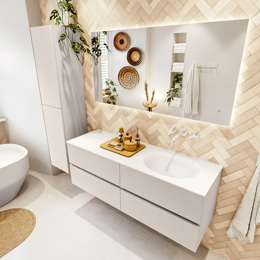 MONDIAZ VICA 140cm mueble de baño Linen 4 cajones. Lavabo MOON Derecho sin orificio color Talc con espejo LED. 1 MONDIAZ VICA 140cm mueble de baño Linen 4 cajones. Lavabo MOON Derecho sin orificio color Talc con espejo LED.