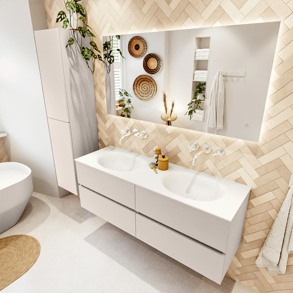 MONDIAZ VICA 140cm mueble de baño Linen 4 cajones. Lavabo MOON Doble sin orificio color Talc con espejo LED. 1 MONDIAZ VICA 140cm mueble de baño Linen 4 cajones. Lavabo MOON Doble sin orificio color Talc con espejo LED.