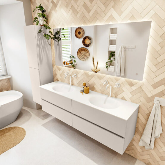 MONDIAZ VICA 170cm mueble de baño Linen 4 cajones. Lavabo MOON Doble 2 orificios color Talc con espejo LED.