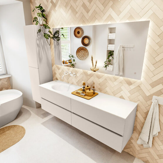 MONDIAZ VICA 170cm mueble de baño Linen 4 cajones. Lavabo MOON Izquierda sin orificio color Talc con espejo LED.