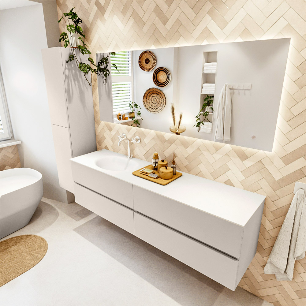 MONDIAZ VICA 180cm mueble de baño Linen 4 cajones. Lavabo MOON Izquierda 1 orificio color Talc con espejo LED. 1 MONDIAZ VICA 180cm mueble de baño Linen 4 cajones. Lavabo MOON Izquierda 1 orificio color Talc con espejo LED.