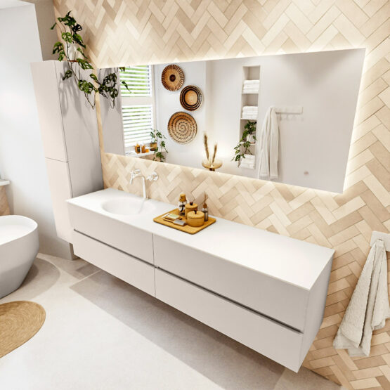 MONDIAZ VICA 200cm mueble de baño Linen 4 cajones. Lavabo MOON Izquierda 1 orificio color Talc con espejo LED.