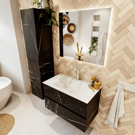 MONDIAZ VICA 80cm mueble de baño Marquina 2 cajones. Lavabo CLOUD Centro 1 orificio color Talc con espejo LED.