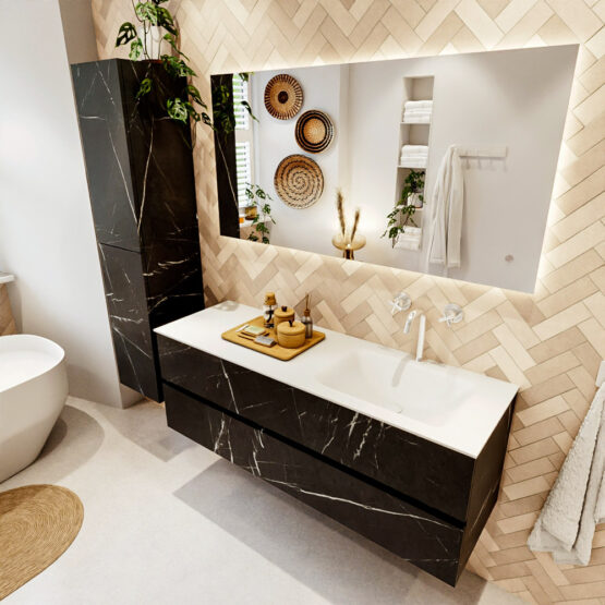 MONDIAZ VICA 140cm mueble de baño Marquina 2 cajones. Lavabo CLOUD Derecho 1 orificio color Talc con espejo LED.