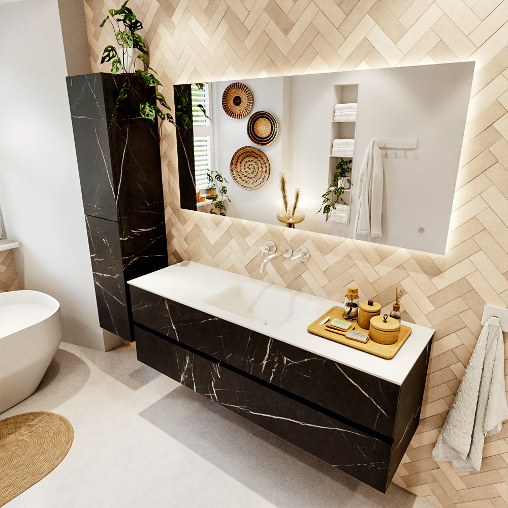 MONDIAZ VICA 150cm mueble de baño Marquina 2 cajones. Lavabo CLOUD Centro sin orificio color Talc con espejo LED. 1 MONDIAZ VICA 150cm mueble de baño Marquina 2 cajones. Lavabo CLOUD Centro sin orificio color Talc con espejo LED.
