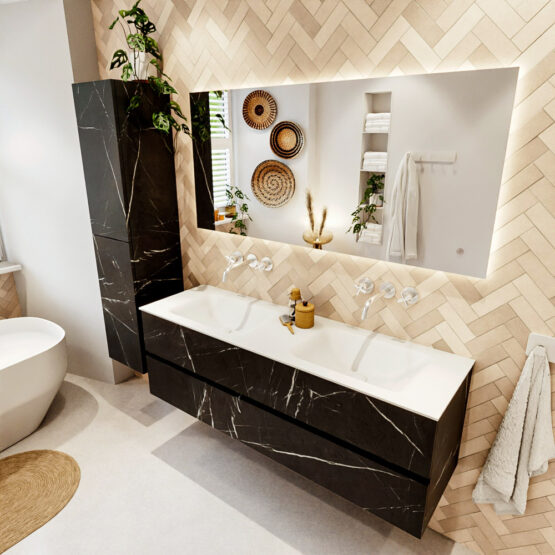 MONDIAZ VICA 150cm mueble de baño Marquina 2 cajones. Lavabo CLOUD Doble sin orificio color Talc con espejo LED.