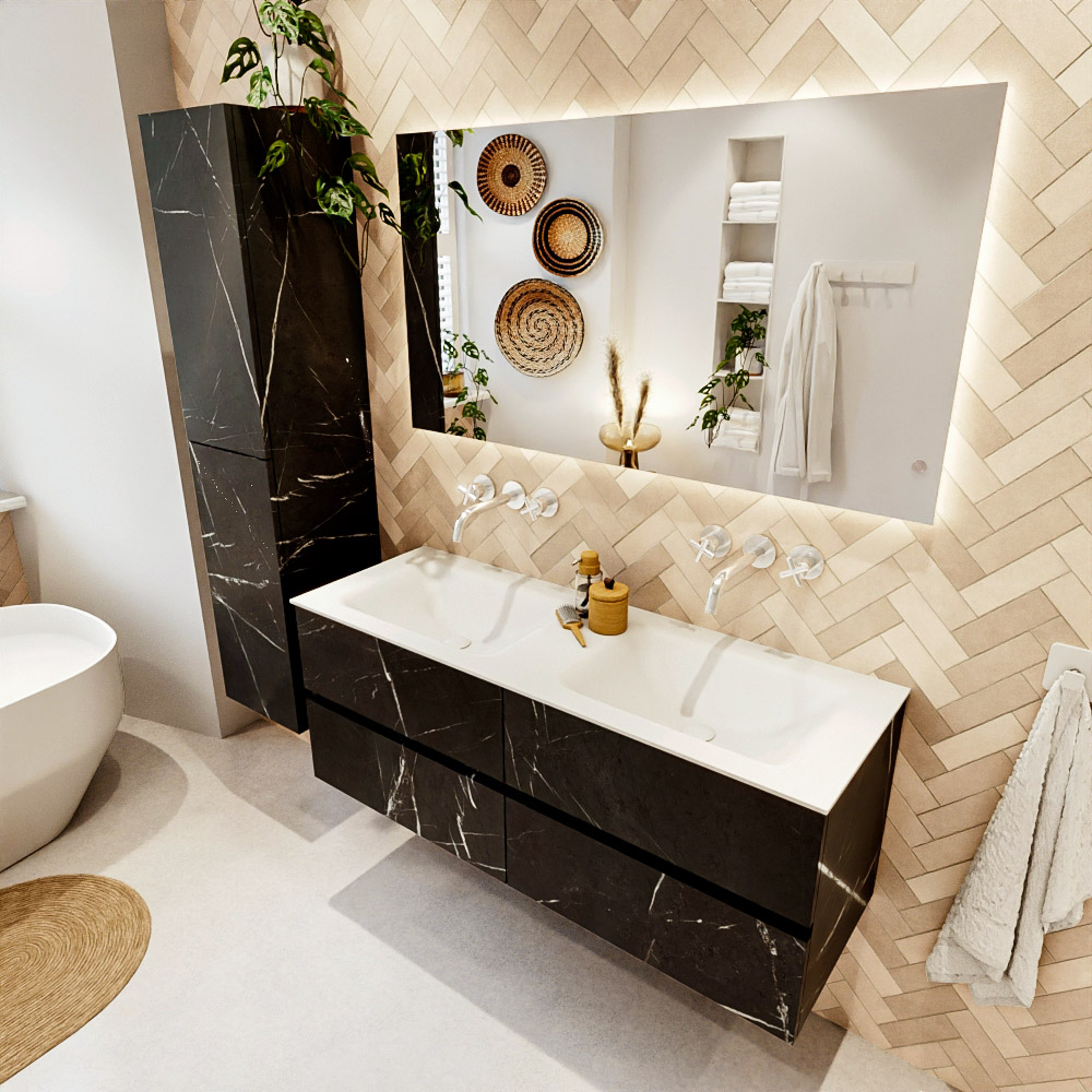 MONDIAZ VICA 130cm mueble de baño Marquina 4 cajones. Lavabo CLOUD Doble sin orificio color Talc con espejo LED. 1 MONDIAZ VICA 130cm mueble de baño Marquina 4 cajones. Lavabo CLOUD Doble sin orificio color Talc con espejo LED.
