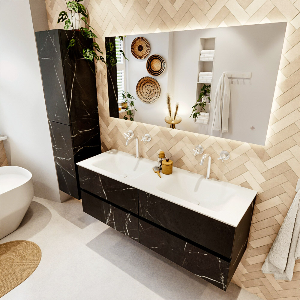 MONDIAZ VICA 140cm mueble de baño Marquina 4 cajones. Lavabo CLOUD Doble 2 orificios color Talc con espejo LED. 1 MONDIAZ VICA 140cm mueble de baño Marquina 4 cajones. Lavabo CLOUD Doble 2 orificios color Talc con espejo LED.