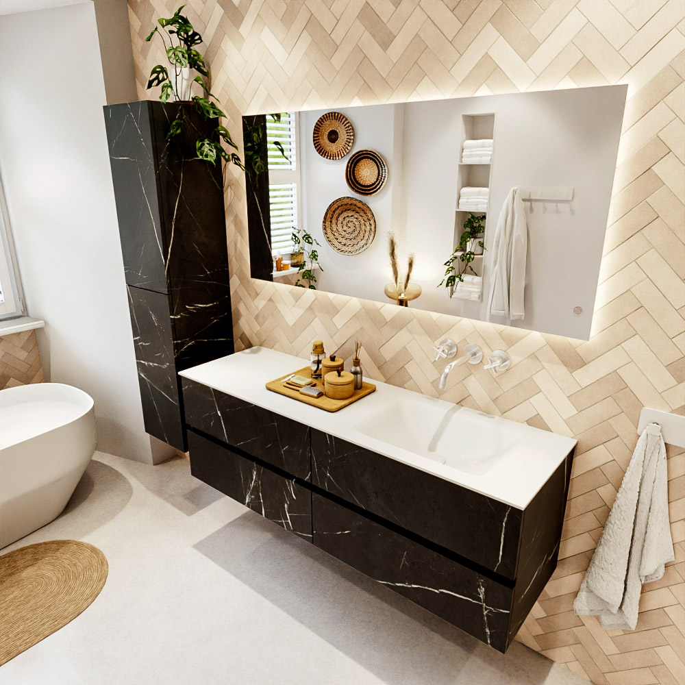 MONDIAZ VICA 150cm mueble de baño Marquina 4 cajones. Lavabo CLOUD Derecho sin orificio color Talc con espejo LED. 1 MONDIAZ VICA 150cm mueble de baño Marquina 4 cajones. Lavabo CLOUD Derecho sin orificio color Talc con espejo LED.