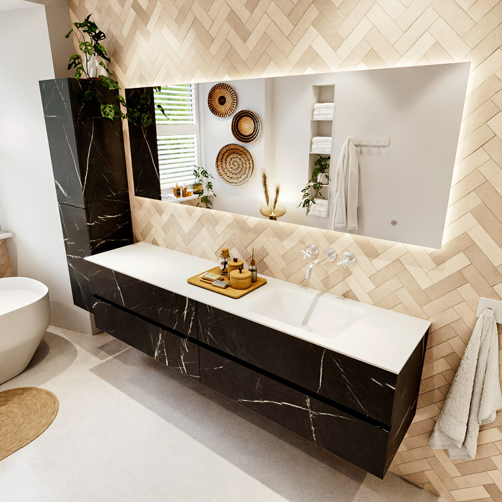 MONDIAZ VICA 200cm mueble de baño Marquina 4 cajones. Lavabo CLOUD Derecho sin orificio color Talc con espejo LED. 1 MONDIAZ VICA 200cm mueble de baño Marquina 4 cajones. Lavabo CLOUD Derecho sin orificio color Talc con espejo LED.