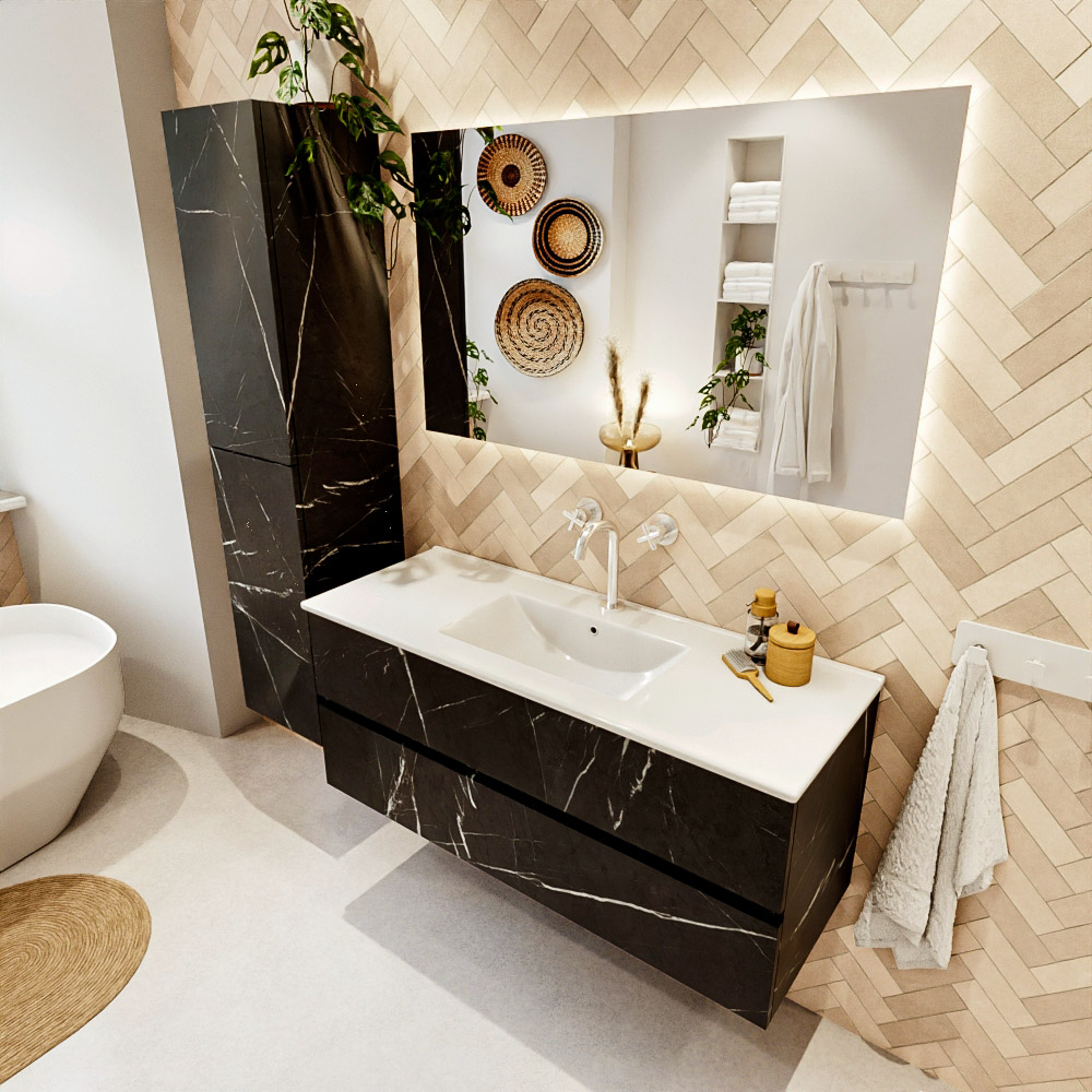 MONDIAZ VICA 120cm mueble de baño Marquina 2 cajones. Lavabo DENIA Centro 1 orificio color Blanco brillo con espejo LED. 1 MONDIAZ VICA 120cm mueble de baño Marquina 2 cajones. Lavabo DENIA Centro 1 orificio color Blanco brillo con espejo LED.