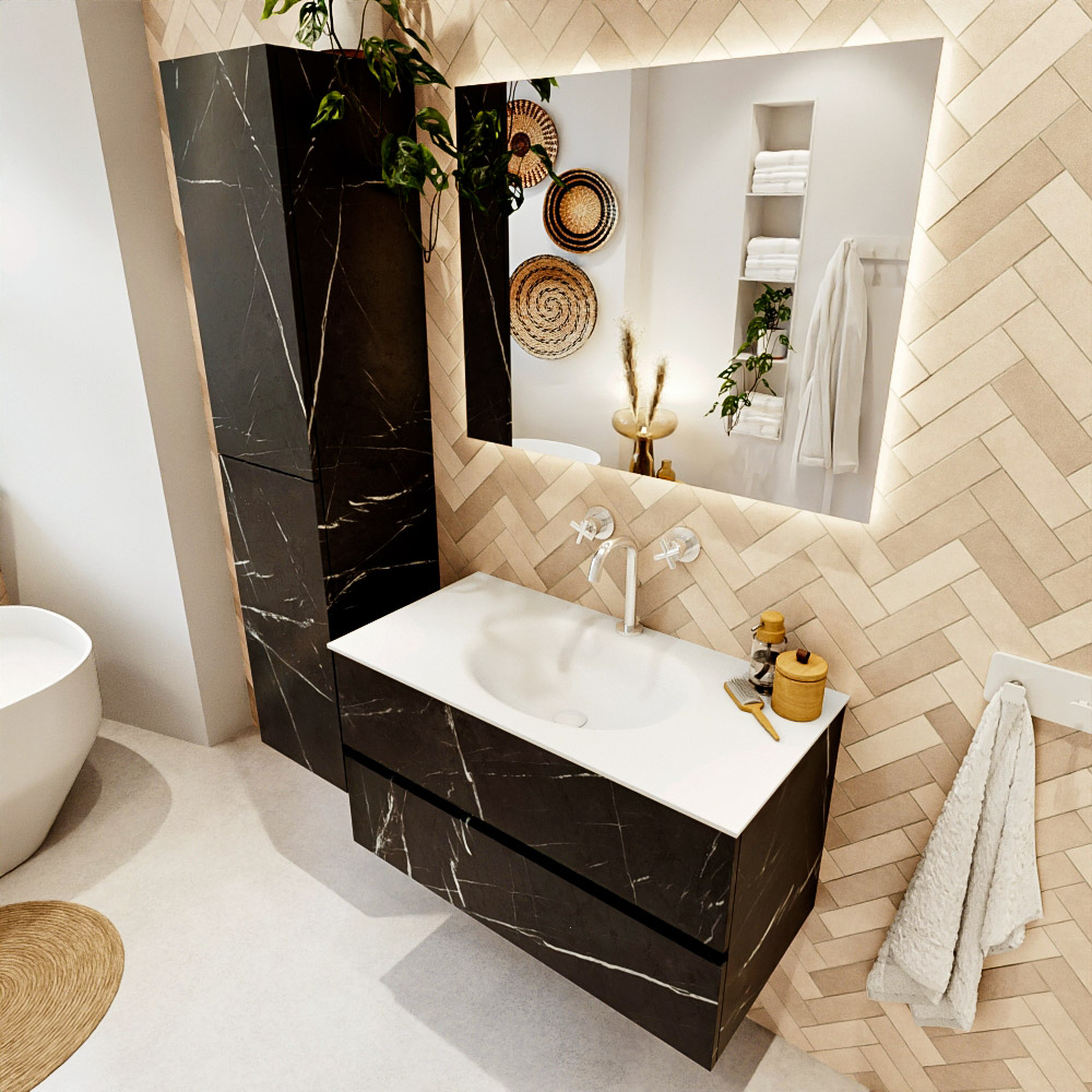 MONDIAZ VICA 90cm mueble de baño Marquina 2 cajones. Lavabo MOON Centro 1 orificio color Talc con espejo LED. 1 MONDIAZ VICA 90cm mueble de baño Marquina 2 cajones. Lavabo MOON Centro 1 orificio color Talc con espejo LED.