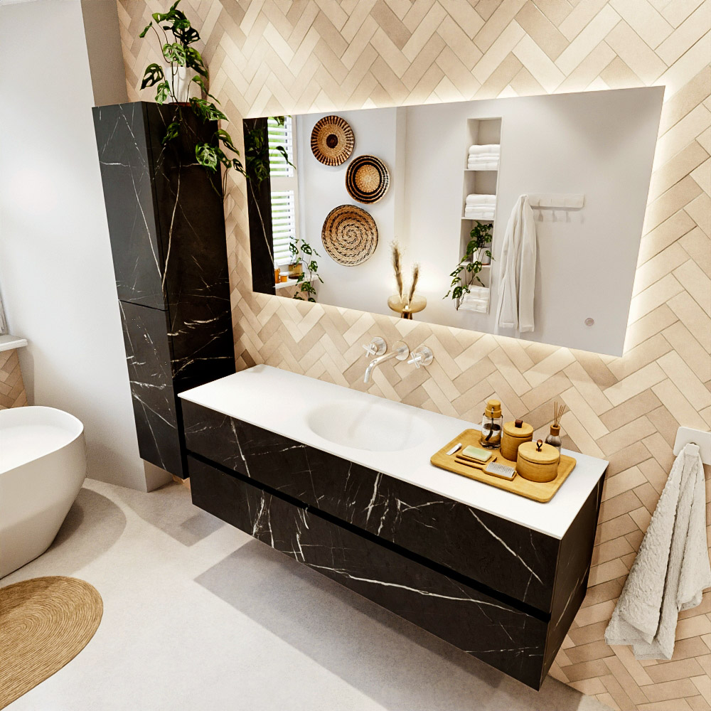 MONDIAZ VICA 150cm mueble de baño Marquina 2 cajones. Lavabo MOON Centro sin orificio color Talc con espejo LED. 1 MONDIAZ VICA 150cm mueble de baño Marquina 2 cajones. Lavabo MOON Centro sin orificio color Talc con espejo LED.