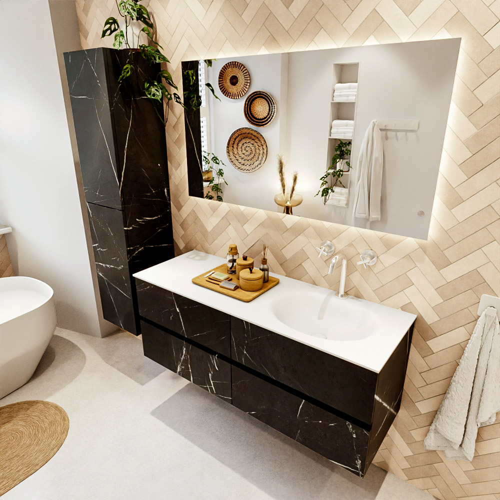 MONDIAZ VICA 130cm mueble de baño Marquina 4 cajones. Lavabo MOON Derecho 1 orificio color Talc con espejo LED. 1 MONDIAZ VICA 130cm mueble de baño Marquina 4 cajones. Lavabo MOON Derecho 1 orificio color Talc con espejo LED.