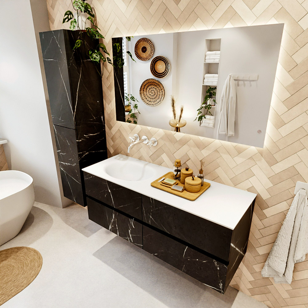 MONDIAZ VICA 130cm mueble de baño Marquina 4 cajones. Lavabo MOON Izquierda sin orificio color Talc con espejo LED. 1 MONDIAZ VICA 130cm mueble de baño Marquina 4 cajones. Lavabo MOON Izquierda sin orificio color Talc con espejo LED.