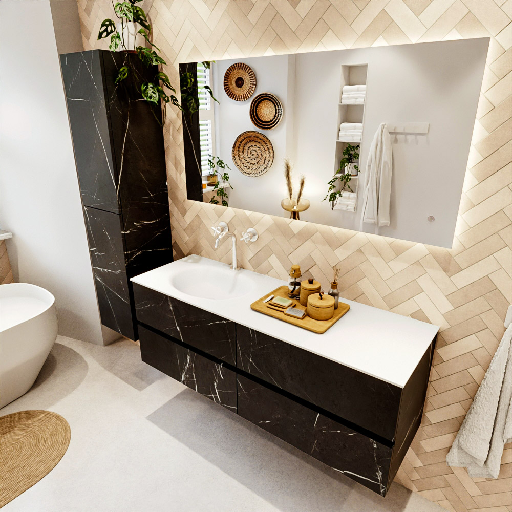 MONDIAZ VICA 140cm mueble de baño Marquina 4 cajones. Lavabo MOON Izquierda 1 orificio color Talc con espejo LED. 1 MONDIAZ VICA 140cm mueble de baño Marquina 4 cajones. Lavabo MOON Izquierda 1 orificio color Talc con espejo LED.