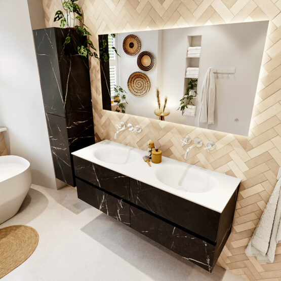 MONDIAZ VICA 140cm mueble de baño Marquina 4 cajones. Lavabo MOON Doble sin orificio color Talc con espejo LED.