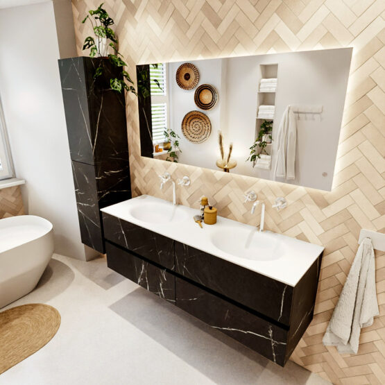 MONDIAZ VICA 150cm mueble de baño Marquina 4 cajones. Lavabo MOON Doble 2 orificios color Talc con espejo LED.