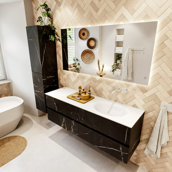 MONDIAZ VICA 150cm mueble de baño Marquina 4 cajones. Lavabo MOON Derecho sin orificio color Talc con espejo LED.