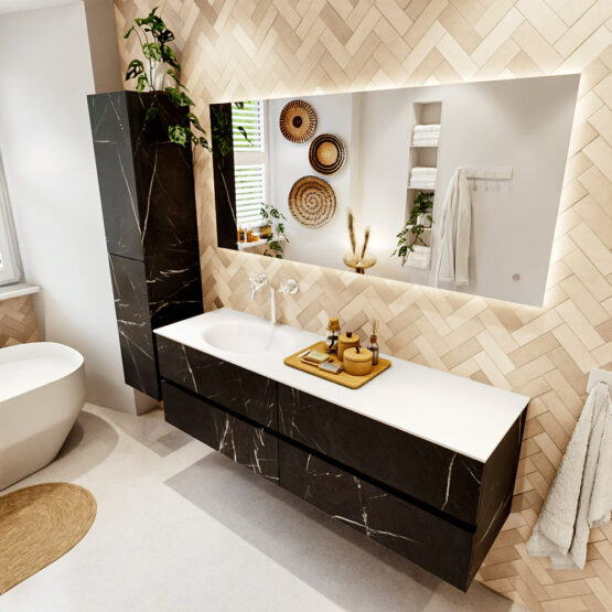 MONDIAZ VICA 160cm mueble de baño Marquina 4 cajones. Lavabo MOON Izquierda 1 orificio color Talc con espejo LED.