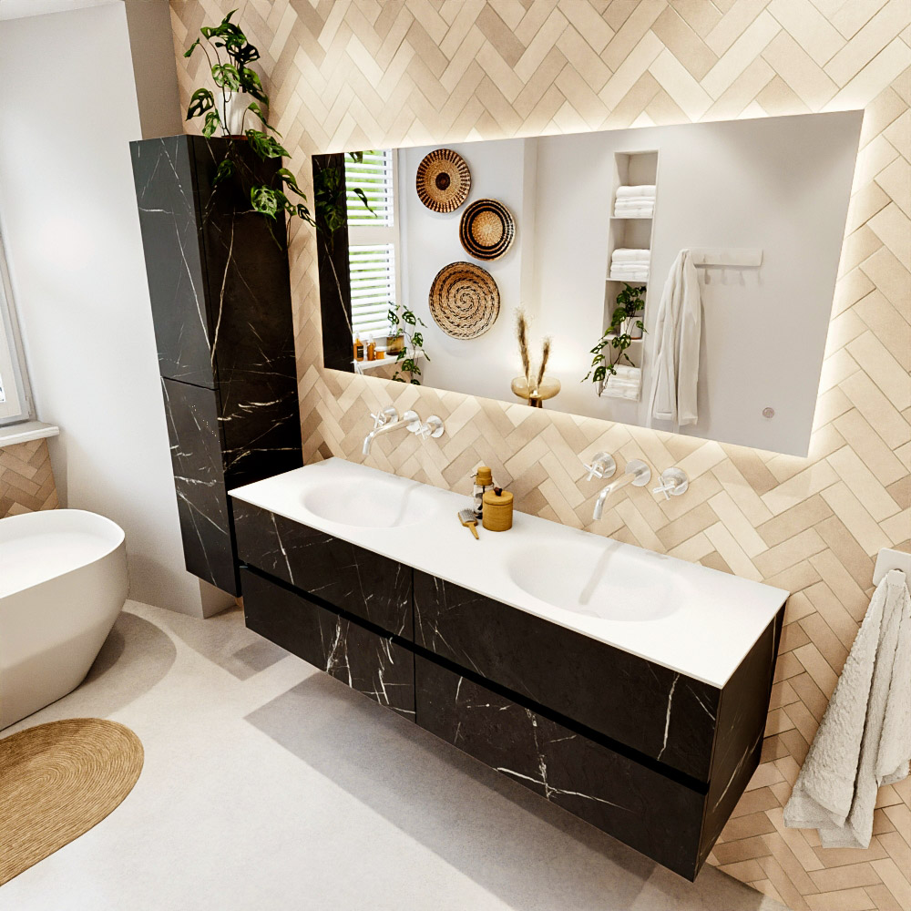 MONDIAZ VICA 160cm mueble de baño Marquina 4 cajones. Lavabo MOON Doble sin orificio color Talc con espejo LED. 1 MONDIAZ VICA 160cm mueble de baño Marquina 4 cajones. Lavabo MOON Doble sin orificio color Talc con espejo LED.