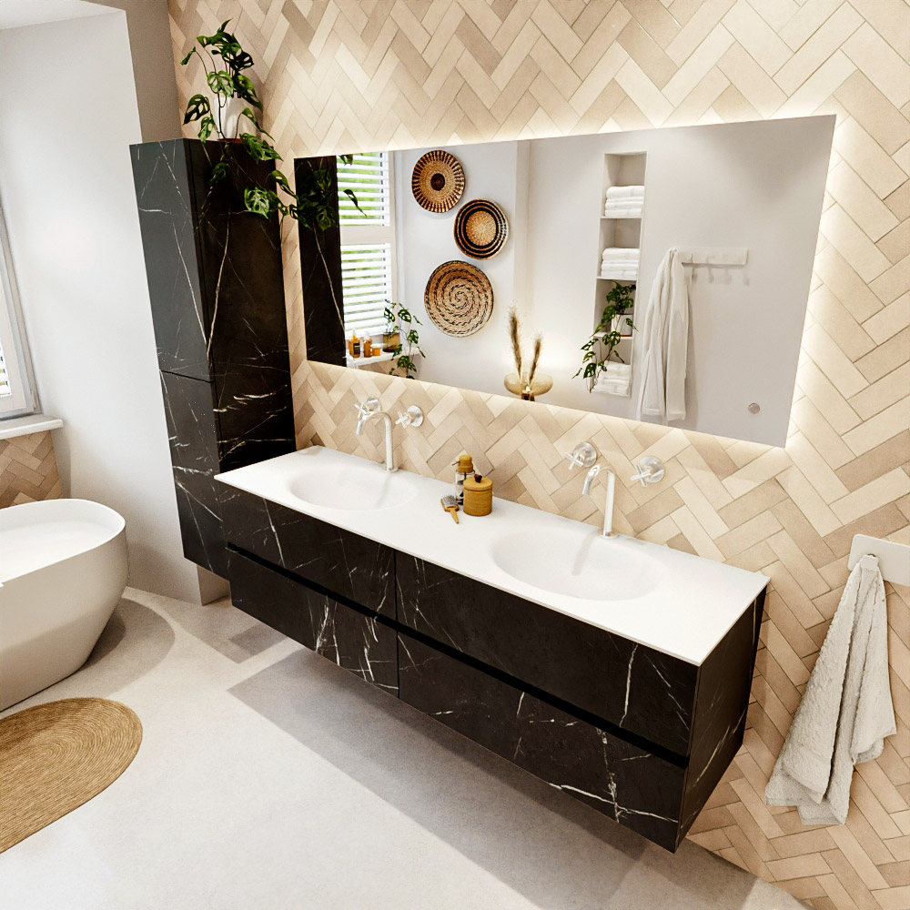 MONDIAZ VICA 170cm mueble de baño Marquina 4 cajones. Lavabo MOON Doble 2 orificios color Talc con espejo LED. 1 MONDIAZ VICA 170cm mueble de baño Marquina 4 cajones. Lavabo MOON Doble 2 orificios color Talc con espejo LED.