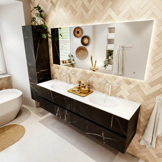 MONDIAZ VICA 180cm mueble de baño Marquina 4 cajones. Lavabo MOON Doble 2 orificios color Talc con espejo LED.