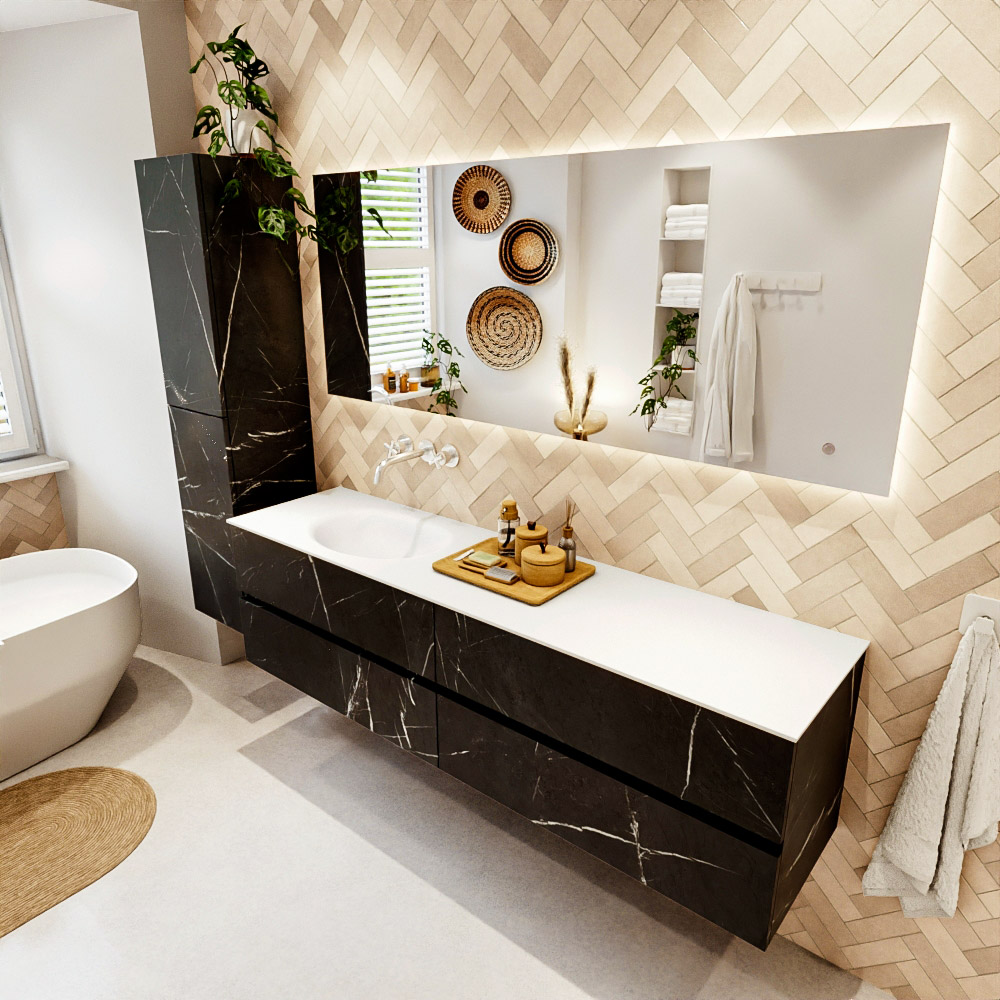 MONDIAZ VICA 180cm mueble de baño Marquina 4 cajones. Lavabo MOON Izquierda sin orificio color Talc con espejo LED. 1 MONDIAZ VICA 180cm mueble de baño Marquina 4 cajones. Lavabo MOON Izquierda sin orificio color Talc con espejo LED.