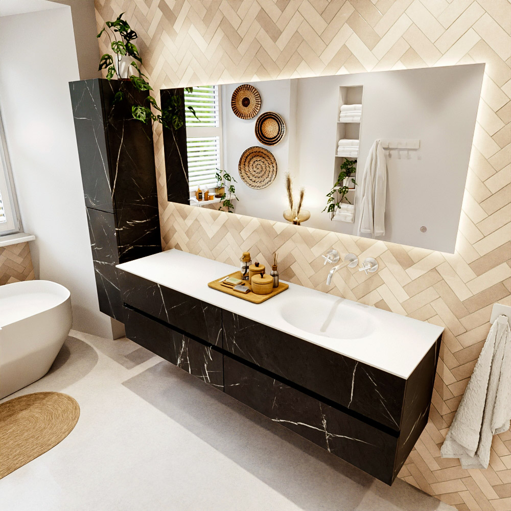 MONDIAZ VICA 180cm mueble de baño Marquina 4 cajones. Lavabo MOON Derecho sin orificio color Talc con espejo LED. 1 MONDIAZ VICA 180cm mueble de baño Marquina 4 cajones. Lavabo MOON Derecho sin orificio color Talc con espejo LED.